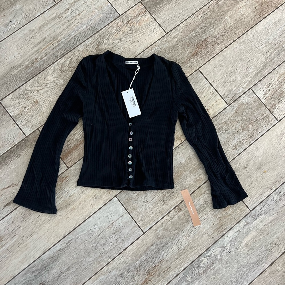 Reformation Black Ribbed Button-Front Cardigan - Picture 5 of 6